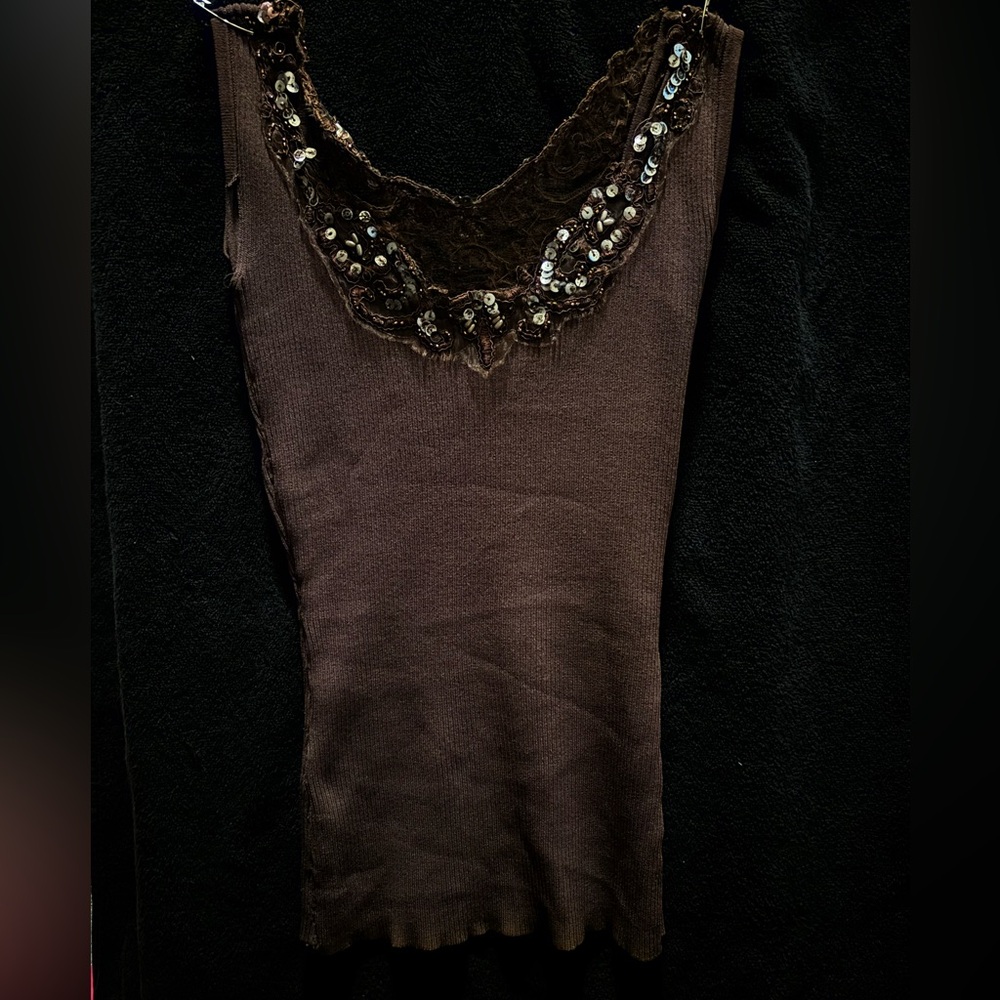 Delicate deadstock beaded brown lace top